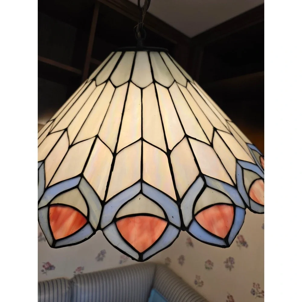 Tiffany Style Stained Glass Pendant Light Peacock Feather Slag Glass Lamp Cream